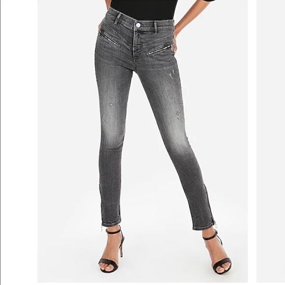 Express High Waist Gray Wash Destruction Zippered Jeans 12 - Picture 2 of 7